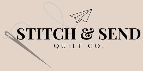 Logo of Stitch & Send Quilt Co. with a needle and paper airplane on a beige background